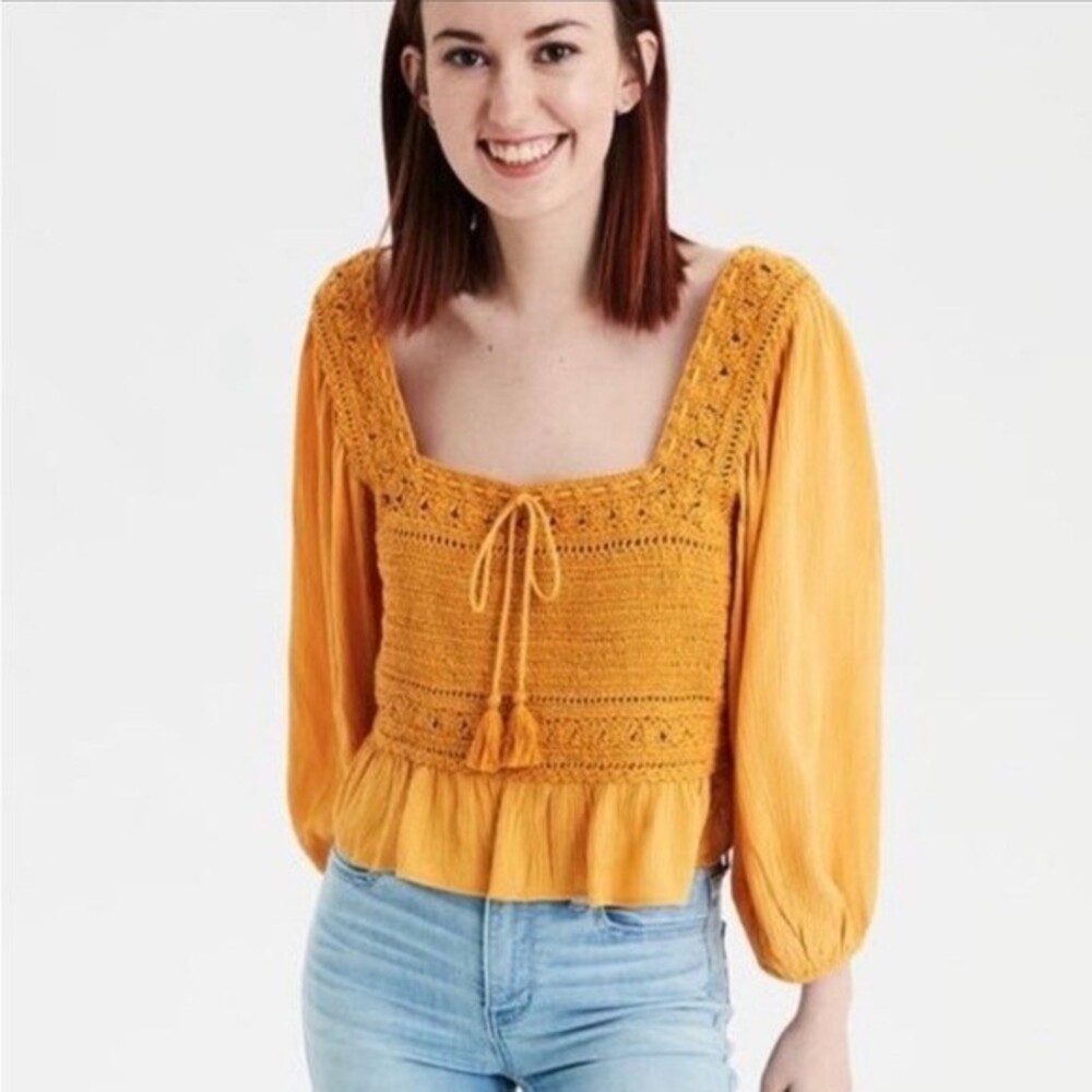 American Eagle Outfitters Mustard Yellow Crochet Peasant Blouse